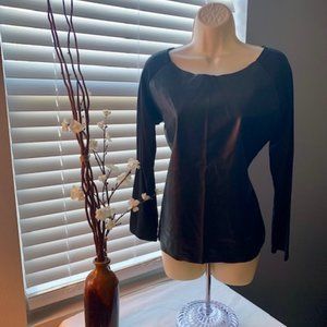 Long Sleeve Scoop Neck Faux Leather Front Top